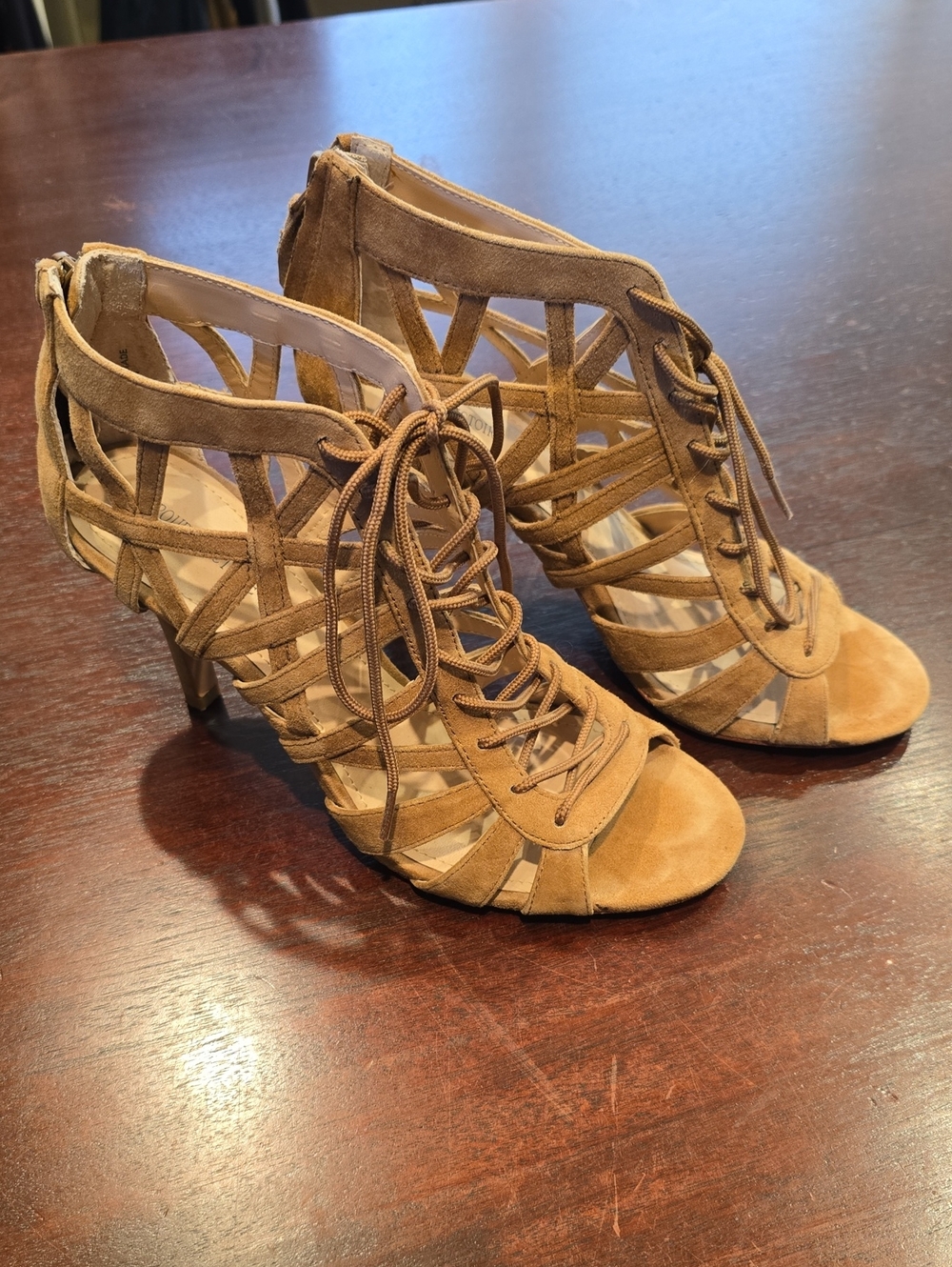 Pour la Victoire Lace-Up Suede Cage Heels in Tan
